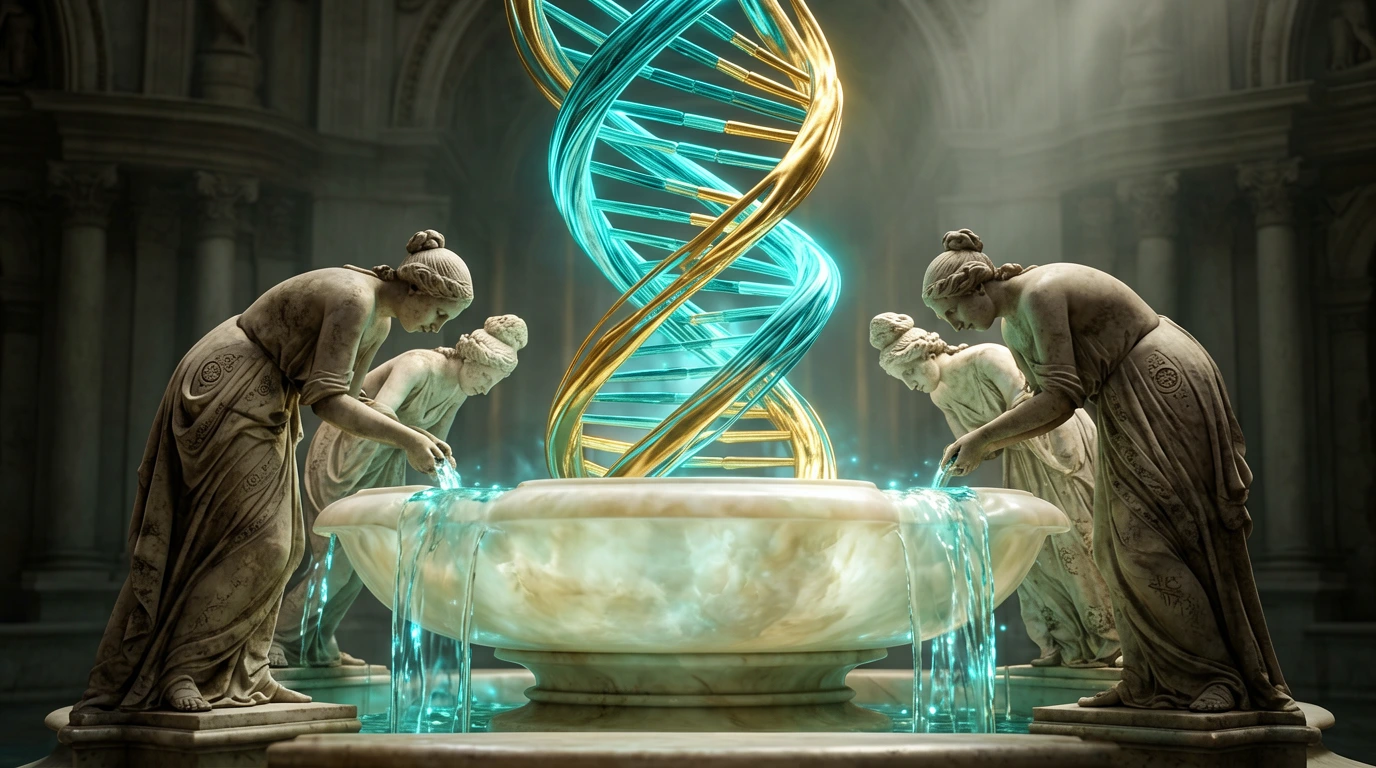 Marble statues pouring water into a fountain crowned by a glowing DNA helix