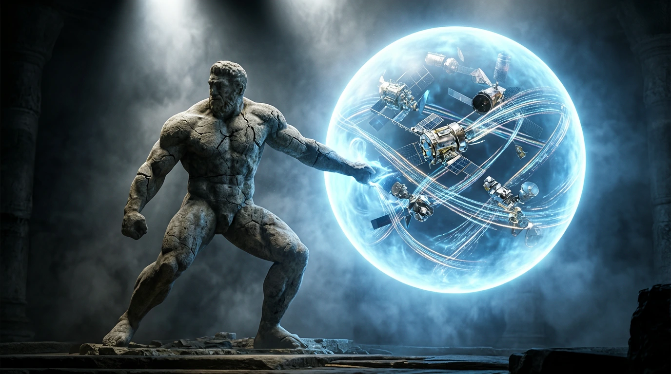 A stone Atlas holding a glowing sphere of orbiting satellites